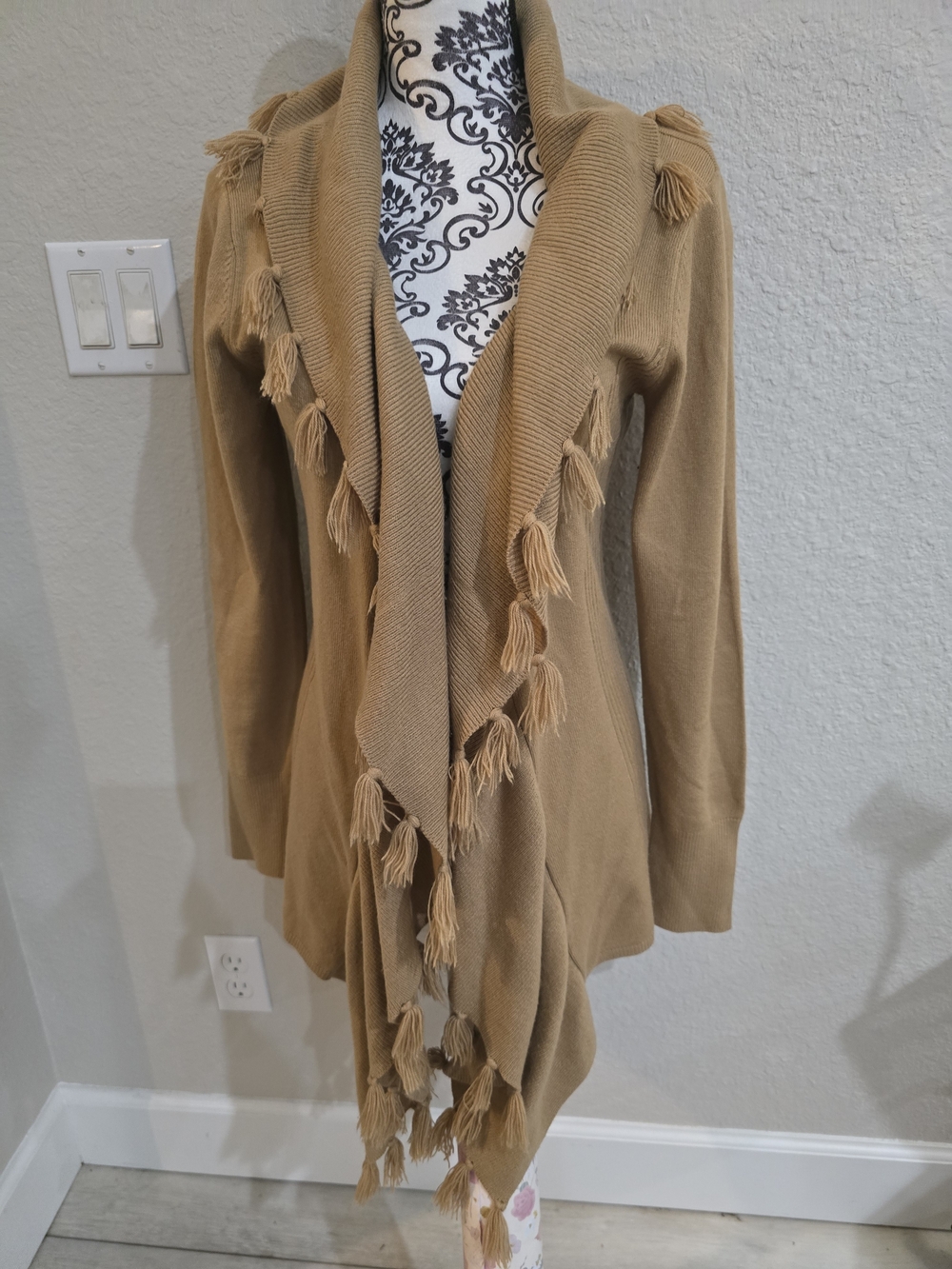 New York & Company Camel Tassel-Trim Open Front Cardigan